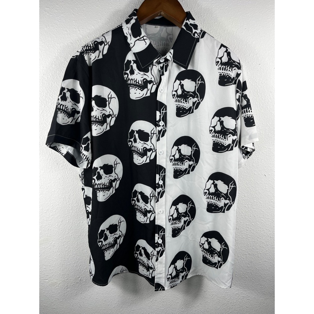 Unbranded Mens Button Down Shirt Black White XL Skull Print Gothic Halloween